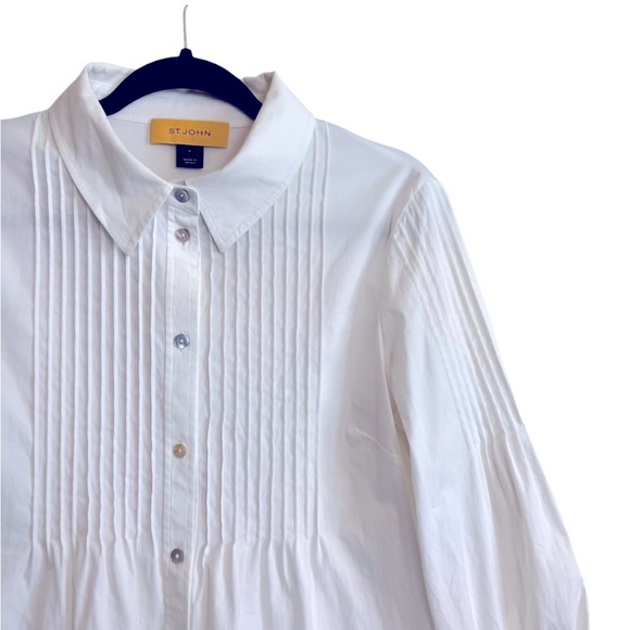 ST JOHN White Button Up Pintuck 3/4 Sleeve Poplin Cotton Designer Couture Shirt - Picture 2 of 7